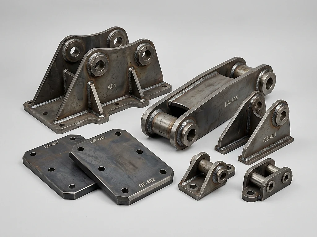 JCB machine body parts — fuel and hydraulic tank caps, brackets and chassis hardware