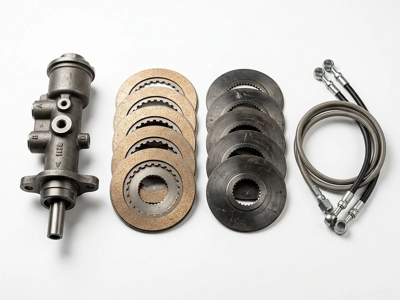 JCB brake parts — brake master cylinder, friction plates, counter plates and lines