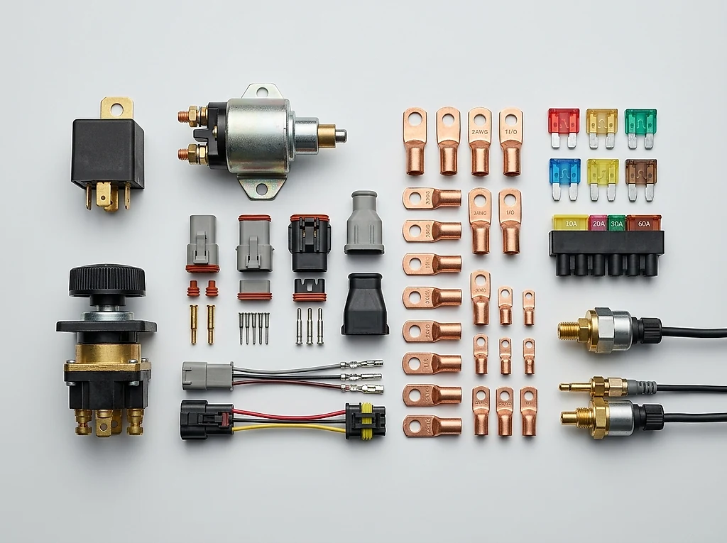 JCB electrical parts — starter relays, temperature sensors, pressure switches and harnesses